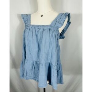 So Womens Soft Blue Smocked Top Size XL Tiered Flowy Peasant Boho 100% Cotton